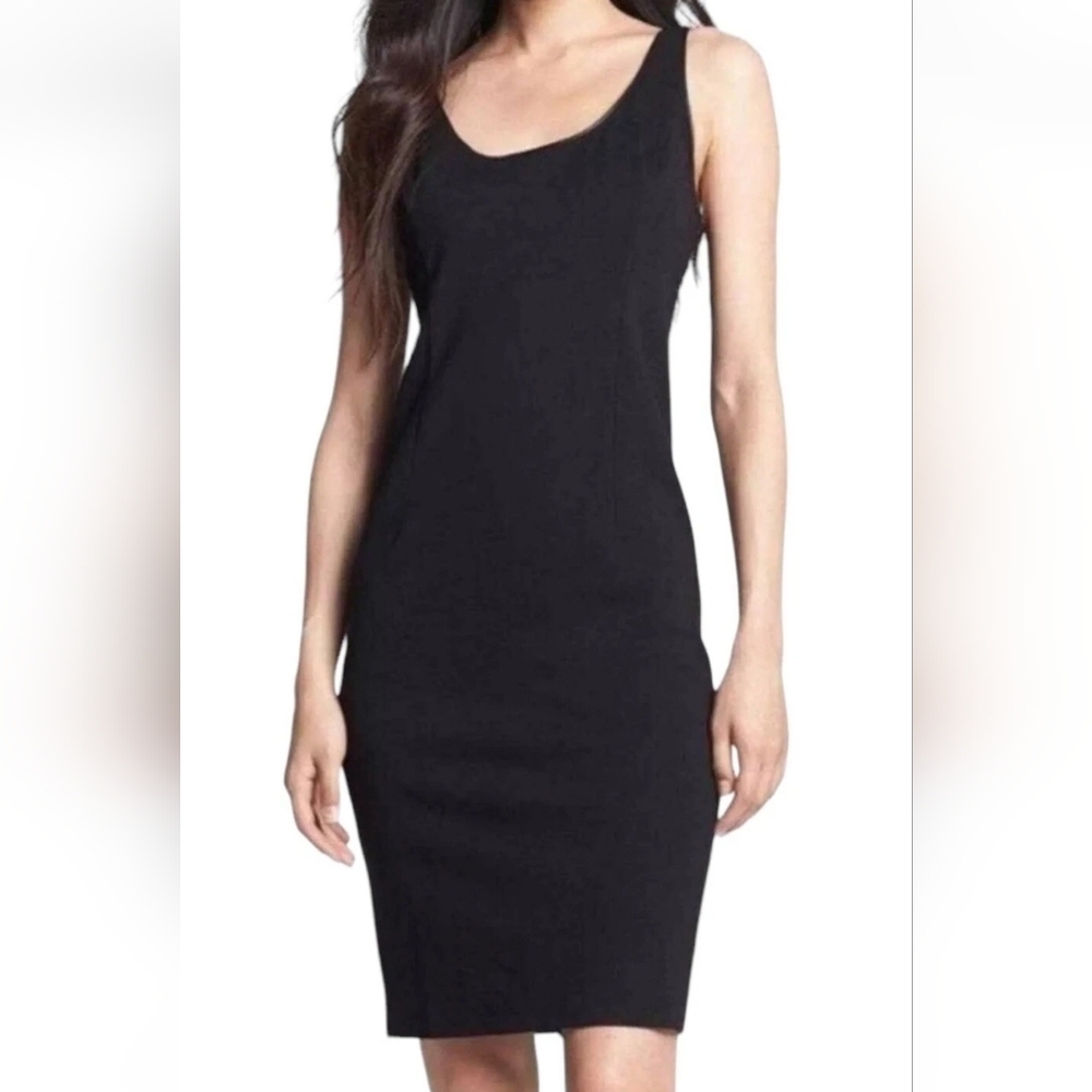 Eileen Fisher SILK Blend Lining Scoop Neck Black Dress‎ Size M Stretch Back Zip